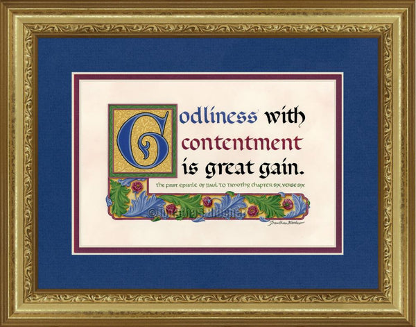 I Timothy 6:6 KJV, Gold Frame & Royal Blue Mat 10" x 13"