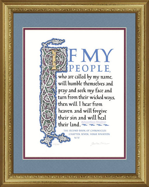 II Chronicles 7:14 NIV, Gold Frame & Sky Blue Mat 16" x 20"