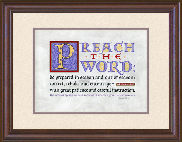 II Timothy 4:2 NIV, Mahogany Frame & Sand Mat 10" x 13"
