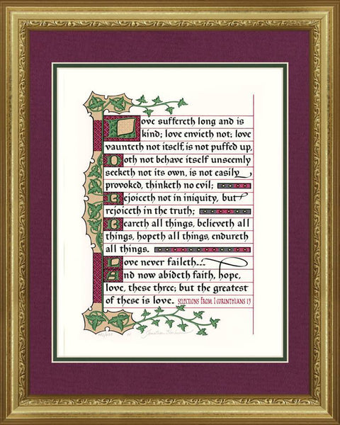1 Corinthians 13:4-8a, 13 KJV, Gold Frame & Burgundy Mat 16" x 20"