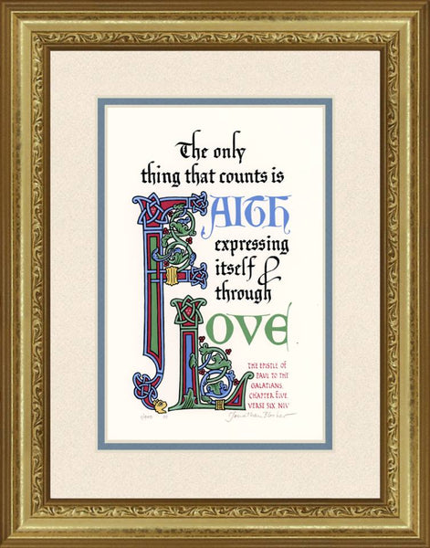 Galatians 5:6 NIV, Gold Frame & Sand Mat & Sky Blue Liner 11" x 14"