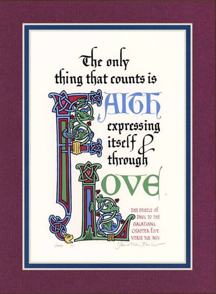 Galatians 5:6 NIV, Burgundy Mat & Royal Blue Liner 9" x 12"