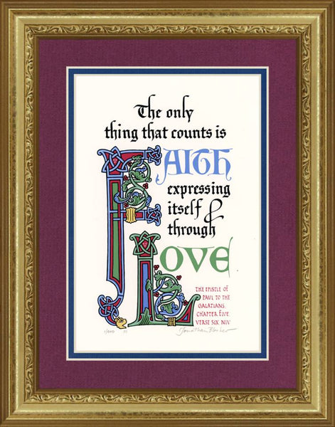 Galatians 5:6 NIV, Gold Frame & Burgundy Mat & Royal Blue Liner 11" x 14"
