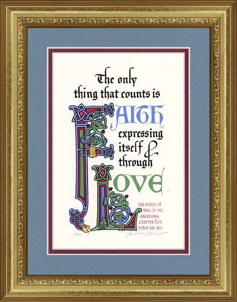 Galatians 5:6 NIV, Gold Frame & Sky Blue Mat & Raspberry Liner 11" x 14"