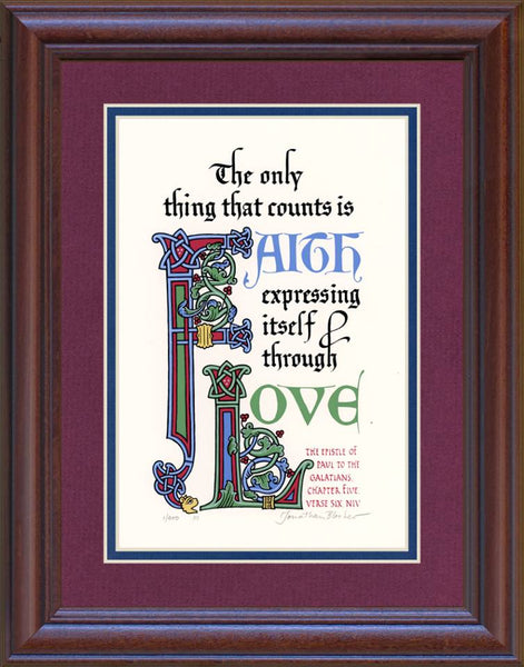 Galatians 5:6 NIV, Mahogany Frame & Burgundy Mat & Royal Blue Liner 11" x 14"