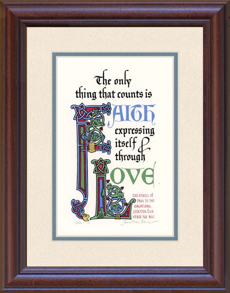 Galatians 5:6 NIV, Mahogany Frame & Sand Mat & Sky Blue Liner 11" x 14"