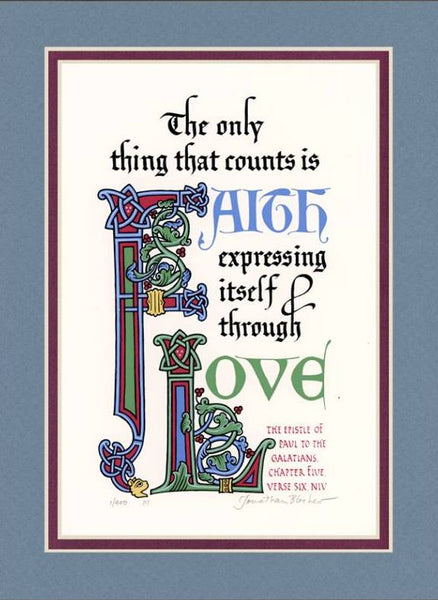 Galatians 5:6 NIV, Sky Blue Mat & Raspberry Liner 9" x 12"