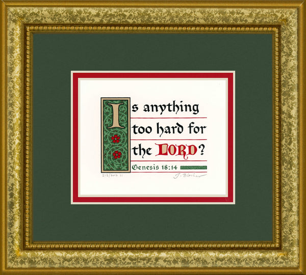 Genesis 18:14 KJV, Gold Frame & Forest Green Mat 9" x 10"