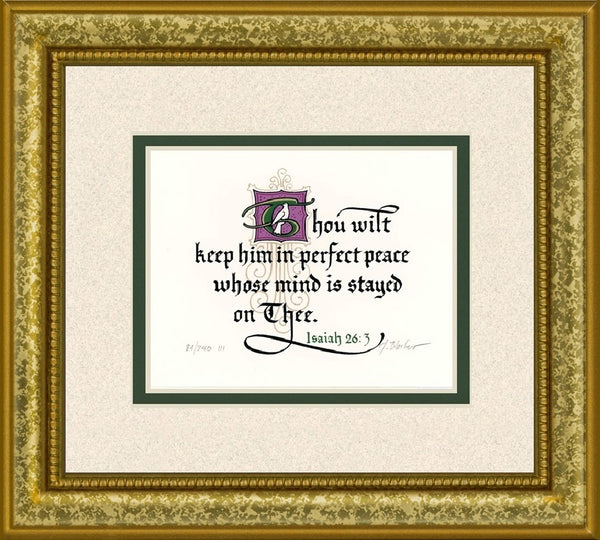 Isaiah 26.3 KJV, Gold Frame & Sand Mat & Green Liner 9" x 10"