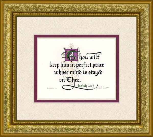 Isaiah 26.3 KJV, Gold Frame & Sand Mat & Raspberry Liner 9" x 10"