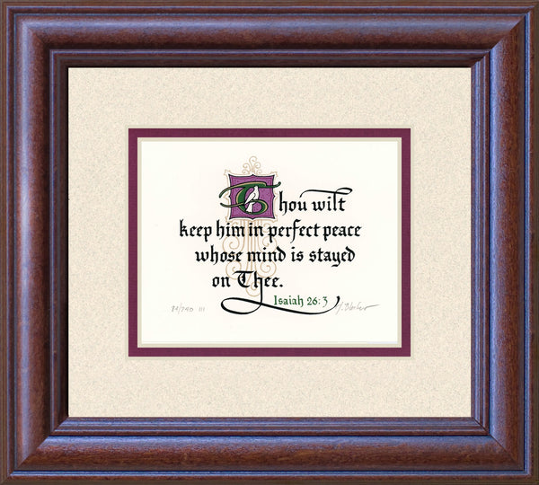 Isaiah 26.3 KJV, Mahogany Frame & Sand Mat & Raspberry Liner 9" x 10"