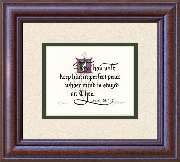 Isaiah 26.3 KJV, Mahogany Frame & Sand Mat & Green Liner 9" x 10"