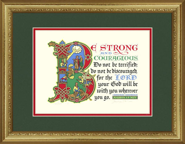 Joshua 1:9 NIV, Gold Frame & Forest Green Mat &  Red Liner 14" x 18"