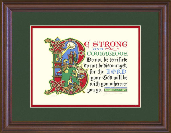 Joshua 1:9 NIV, Mahogany Frame & Forest Green Mat & Red Liner 14" x 18"