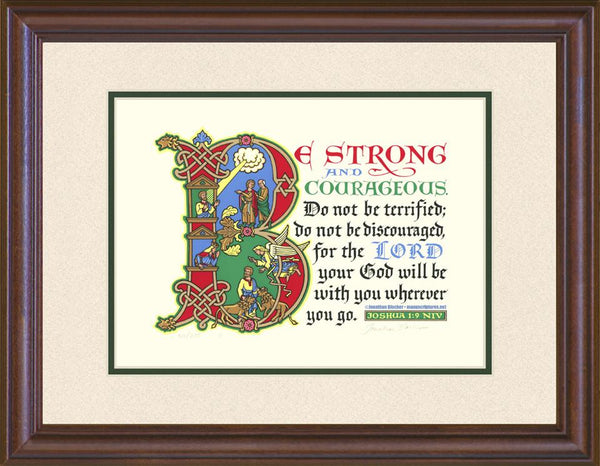 Joshua 1:9 NIV, Mahogany Frame & Sand Mat & Forest Green Liner 14" x 18"