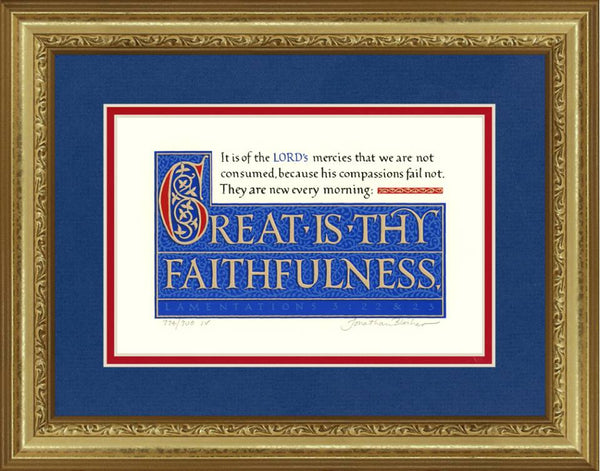 Lamentations 3:22-23 KJV, Gold Frame & Royal Blue Mat 11" x 14"
