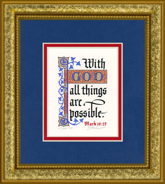 Mark 10:27 KJV, Gold Frame & Royal Blue Mat 9" x 10"