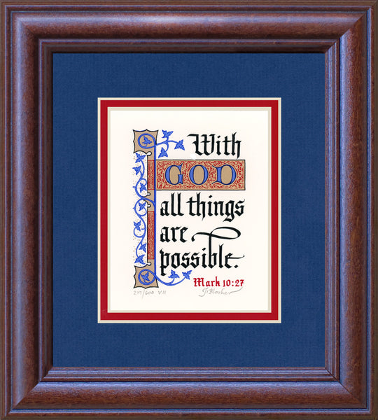 Mark 10:27 KJV, Mahogany Frame & Royal Blue Mat 9" x 10"