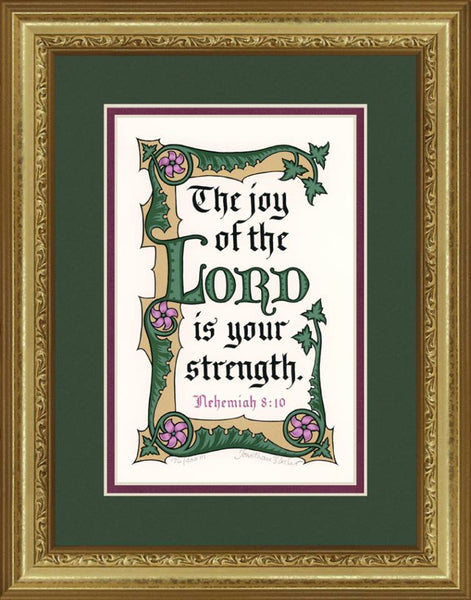 Nehemiah 8:10 KJV, Gold Frame & Forest Green Mat 11" x 14"