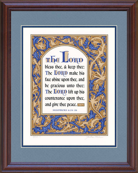 Numbers 6:24-26 KJV Blue & Tan, Mahogany Frame & Sky Blue Mat 16" x 20"