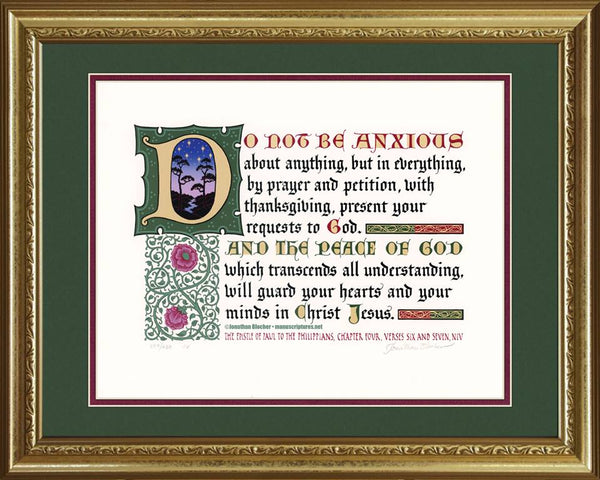 Philippians 4:6-7 NIV, Gold Frame & Forest Green Mat 16" x 20"