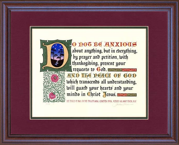Philippians 4:6-7 NIV, Mahogany Frame & Burgundy Mat 16" x 20"