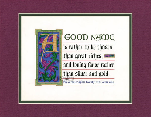 Proverbs 22:1 KJV, Burgandy Mat & Forest Green Liner 11" x 14"