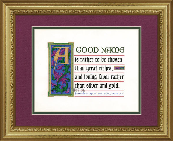 Proverbs 22:1 KJV, Gold Frame & Burgandy Mat & Forest Green Liner 13" x 16"