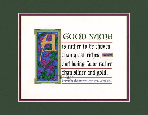 Proverbs 22:1 KJV, Forest Green Mat & Raspberry Liner 11" x 14"