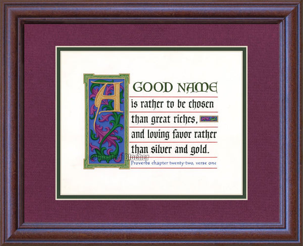 Proverbs 22:1 KJV, Mahogany Frame & Burgandy Mat & Forest Green Liner 13" x 16"