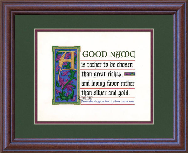 Proverbs 22:1 KJV, Mahogany Frame & Forest Green Mat & Raspberry Liner 13" x 16"