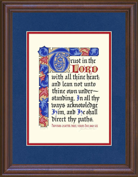 Proverbs 3:5-6 KJV, Mahogany Frame & Royal Blue Mat & Red Liner 14" x 18"