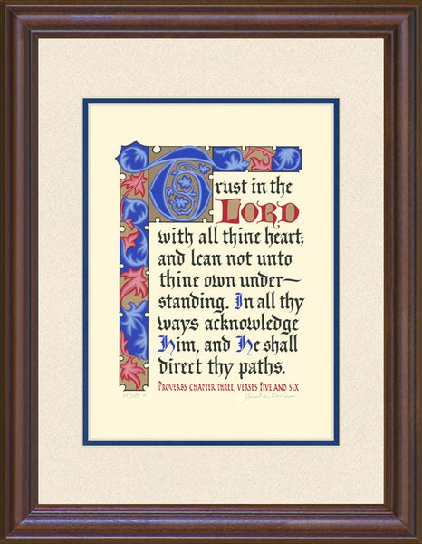 Proverbs 3:5-6 KJV, Mahogany Frame & Sand Mat & Royal Blue Liner 14" x 18"
