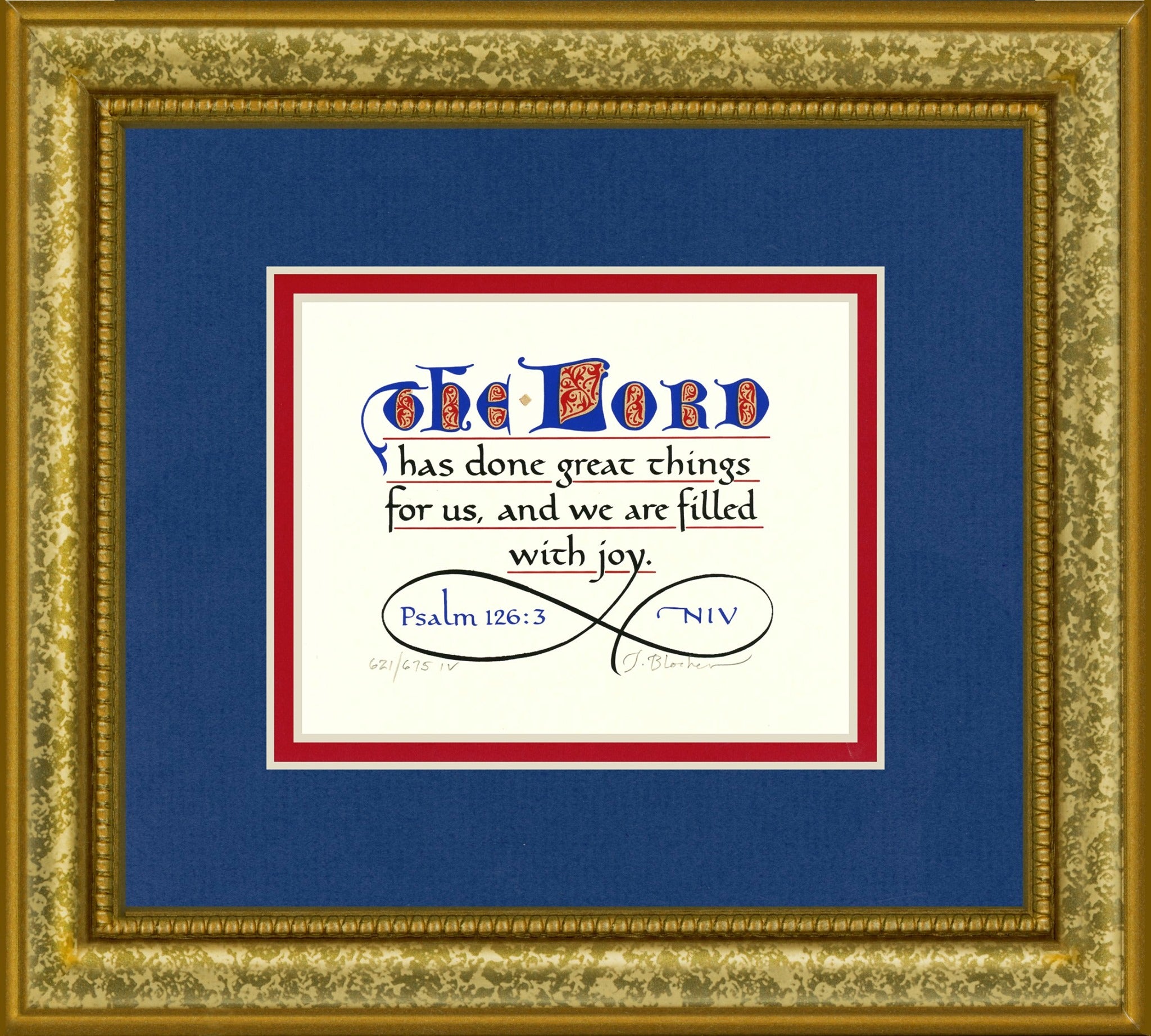 Psalm 126:3 KJV, Gold Frame & Royal Blue Mat & Red Liner 9" x 10"