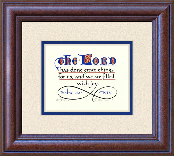 Psalm 126:3 KJV, Mahogany Frame & Sand Mat & Blue Liner 9" x 10"