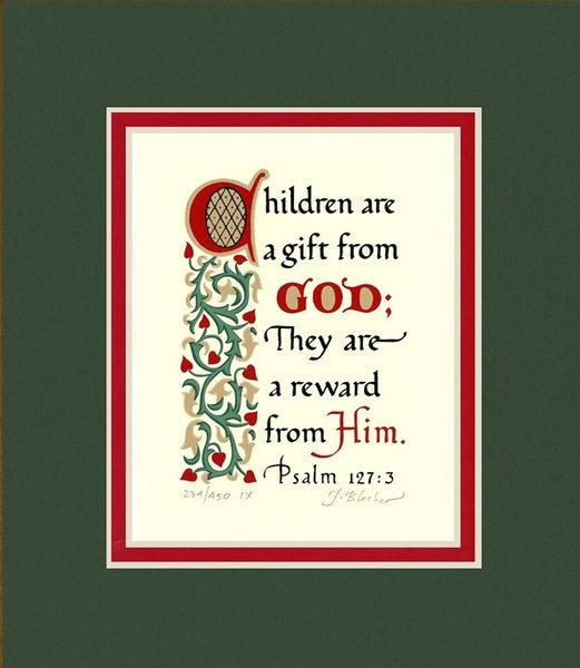 Psalm 127:3 KJV, Forest Green Mat & Red Liner 8" x 10"