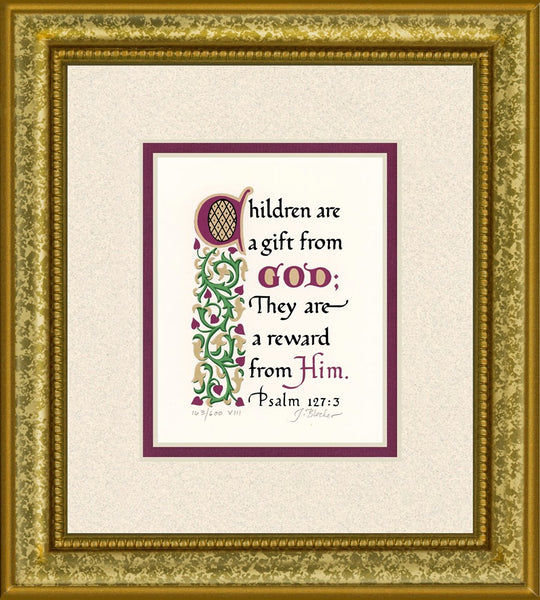 Psalm 127:3 KJV, Gold Frame & Sand Mat & Raspberry Liner 9" x 10"