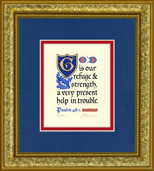 Psalm 46:1 KJV, Gold Frame & Royal Blue Mat 9" x 10"