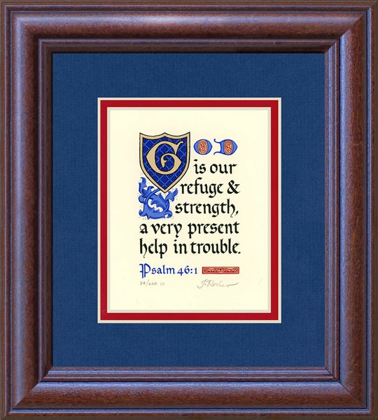 Psalm 46:1 KJV, Mahogany Frame & Royal Blue Mat 9" x 10"