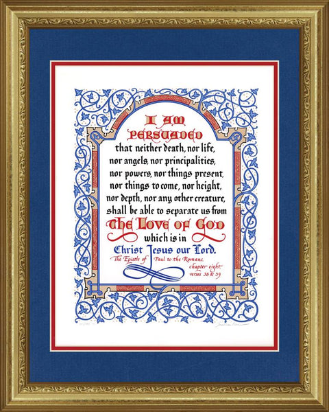 Romans 8:38-39 KJV, Gold Frame & Royal Blue Mat 16" x 20"