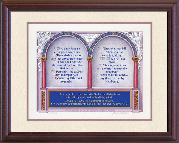 The Great Commandments Exodus 20:1-17, Matthew 22:37-40, KJV, Mahogany Frame & Sand Mat 16" x 20"
