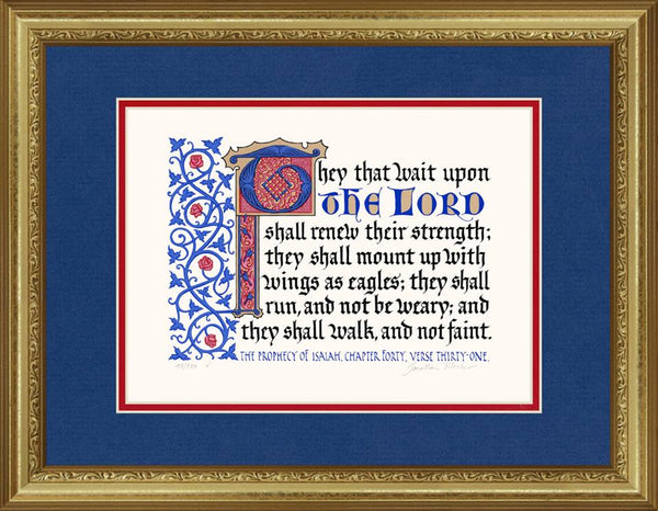 Isaiah 40:31 KJV, Gold Frame & Royal Blue Mat & Red Liner 14" x 18"