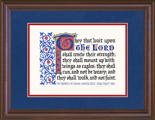 Isaiah 40:31 KJV, Mahogany Frame & Royal Blue Mat & Red Liner 14" x 18"