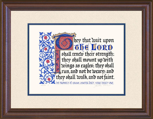 Isaiah 40:31 KJV, Mahogany Frame & Sand Mat & Royal Blue Liner 14" x 18"