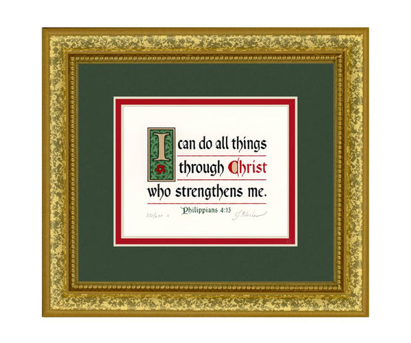 Philippians 4:13 KJV, Gold Frame & Forest Green Mat & Red Liner 9" x 10"