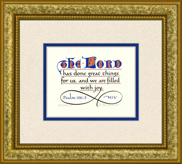 Psalm 126:3 KJV, Gold Frame & Sand Mat & Blue Liner 9" x 10"
