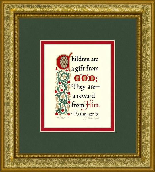 Psalm 127:3 KJV, Gold Frame & Forest Green Mat & Red Liner 9" x 10"