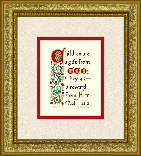 Psalm 127:3 KJV, Gold Frame & Sand Mat & Red Liner 9" x 10"