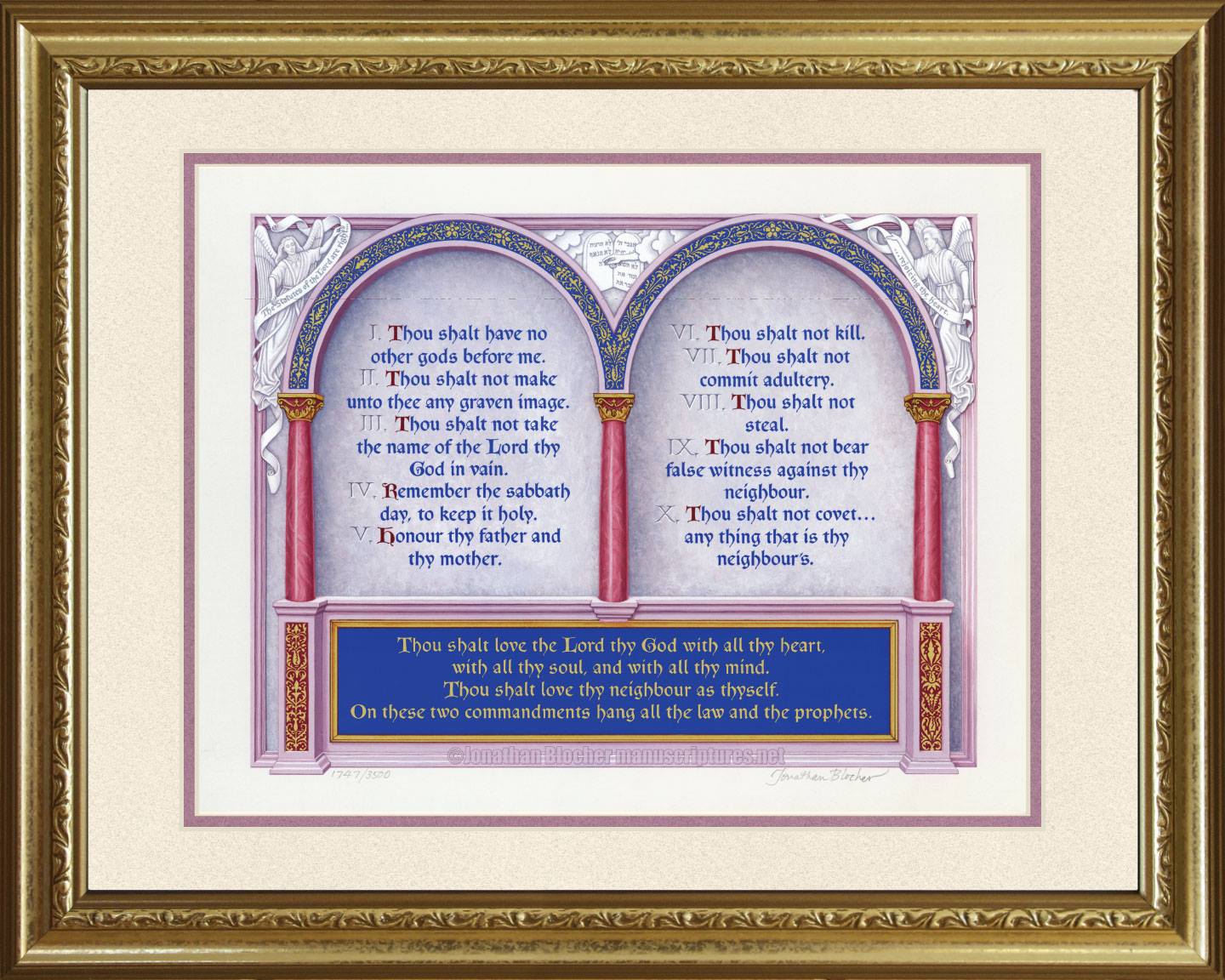 The Great Commandments Exodus 20:1-17, Matthew 22:37-40, KJV, Gold Frame & Sand Mat 16" x 20"